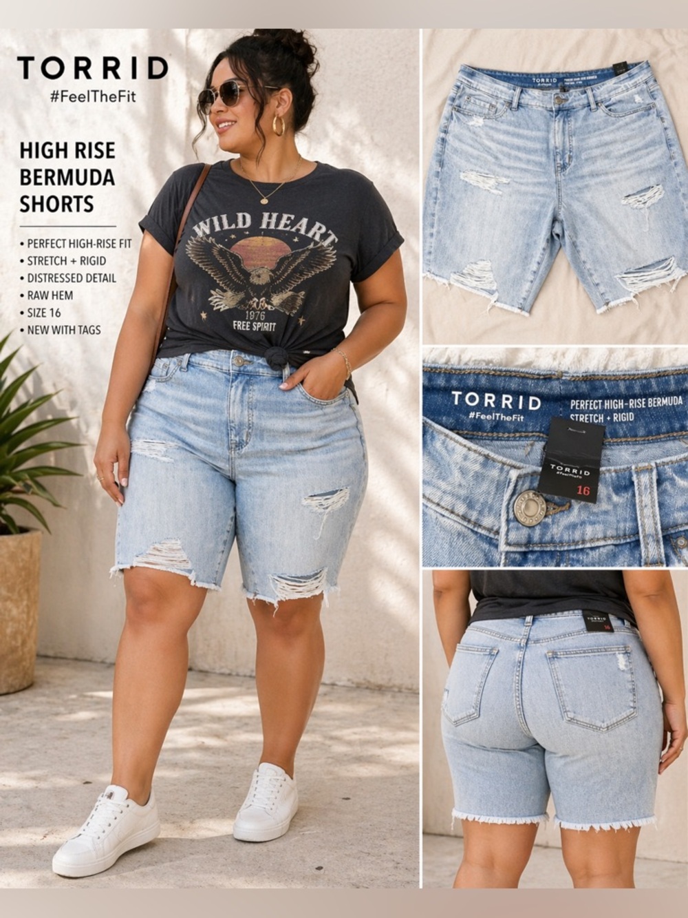 Torrid High Rise Denim Bermuda Shorts Size 16 NWT Distressed Raw Hem